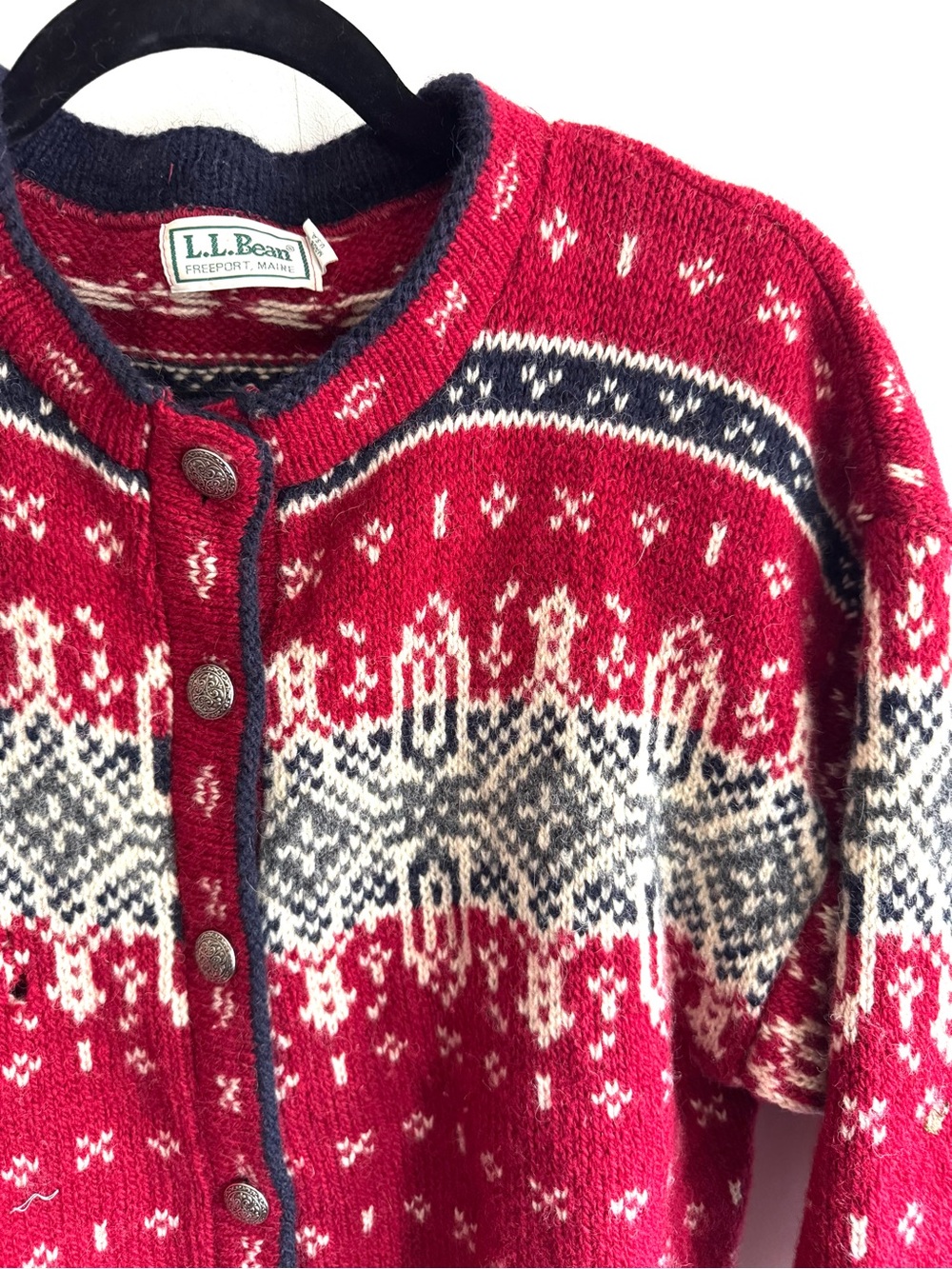 L.L. Bean Red Nordic Wool-Blend Kids Cardigan with Navy & Cream Accents